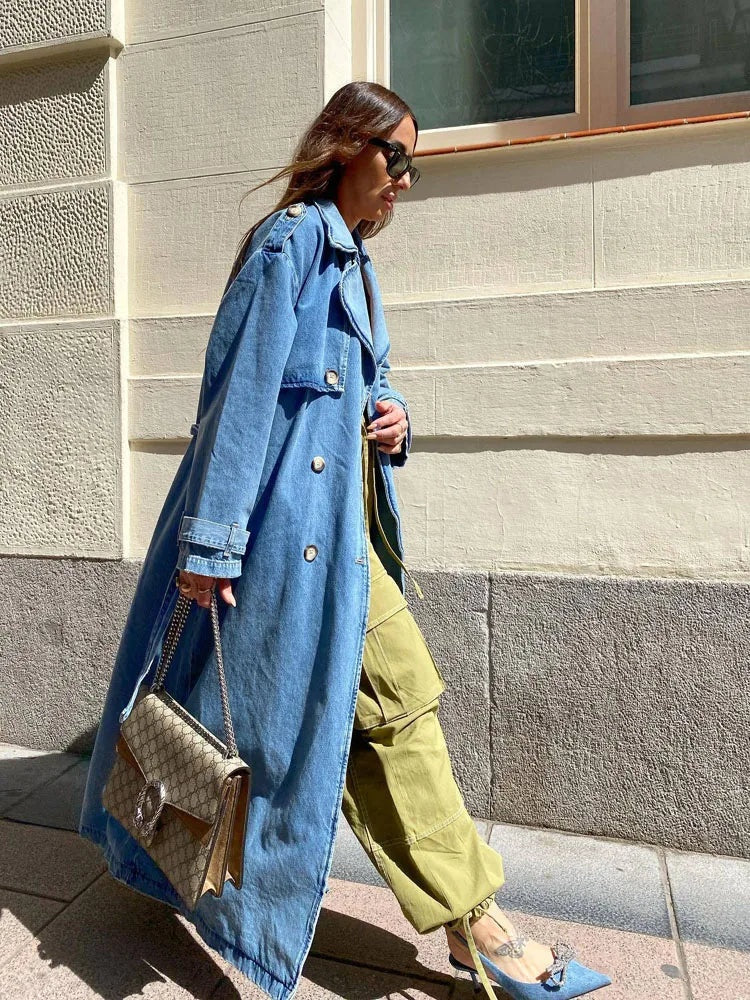 Lola | Trench Coat de Denim Largo Mujer Doble Botonadura