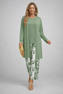 Lorena | Conjunto de 3 Piezas Estampado Tropical Mujer Pantalón Recto