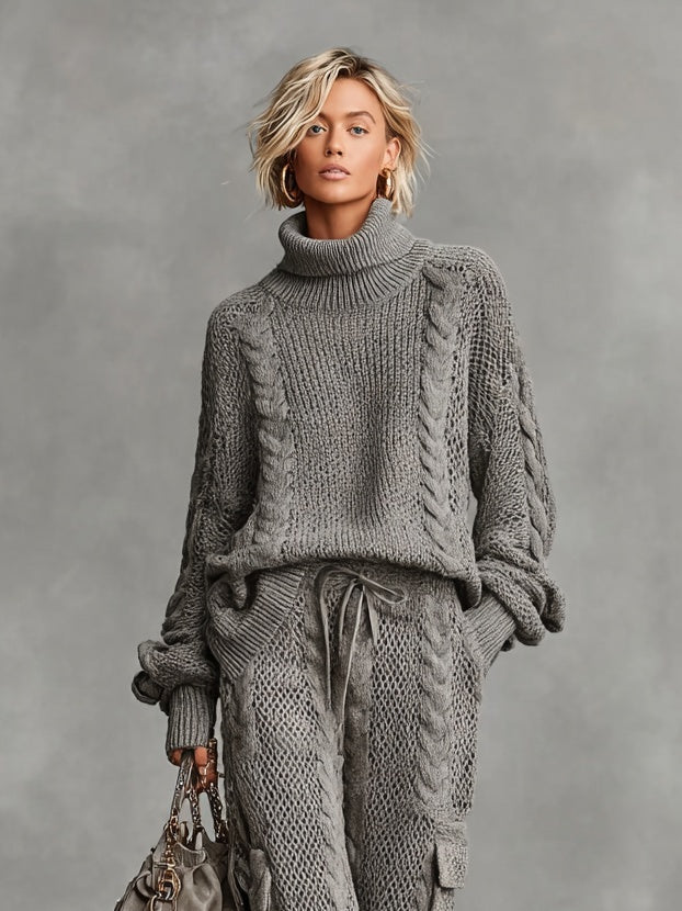 Lorena | Conjunto de Punto de Cable Mujer Jersey Cuello Alto y Pantalón Cargo