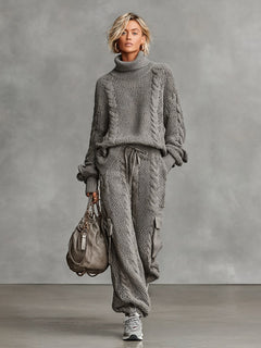 Lorena | Conjunto de Punto de Cable Mujer Jersey Cuello Alto y Pantalón Cargo