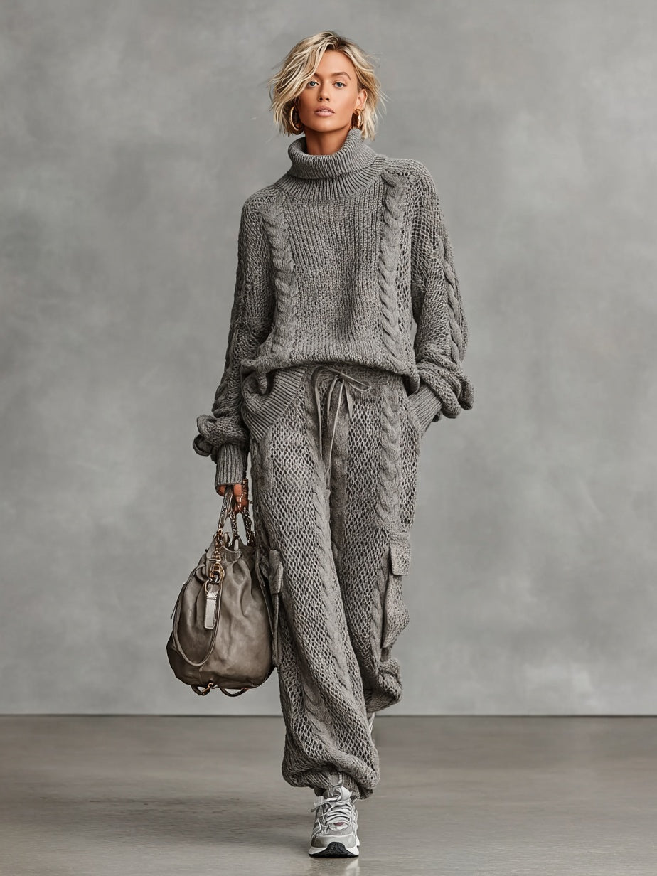 Lorena | Conjunto de Punto de Cable Mujer Jersey Cuello Alto y Pantalón Cargo
