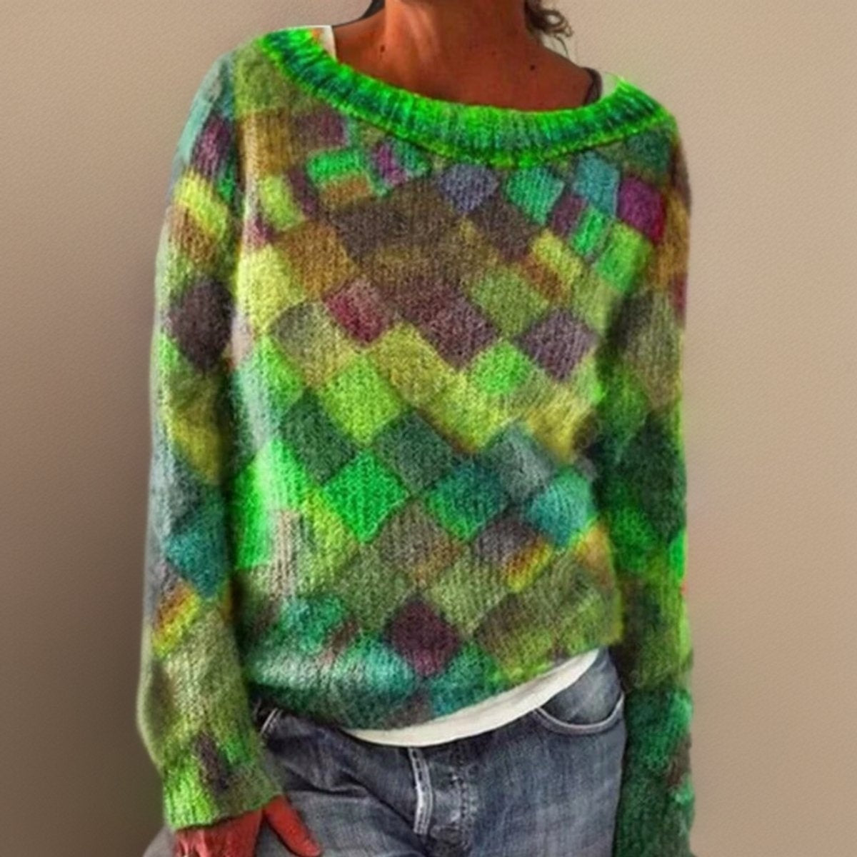 Lorena | Jersey de Lana Estampado Geométrico Mujer Cuello Redondo Oversize