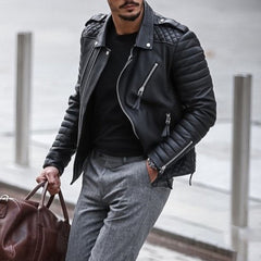Marcos | Chaqueta de Cuero Biker Hombre Cremalleras Acolchada