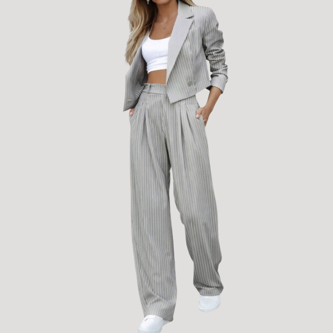 Marisol | Conjunto de Traje de Rayas Blazer y Pantalón Palazzo Mujer