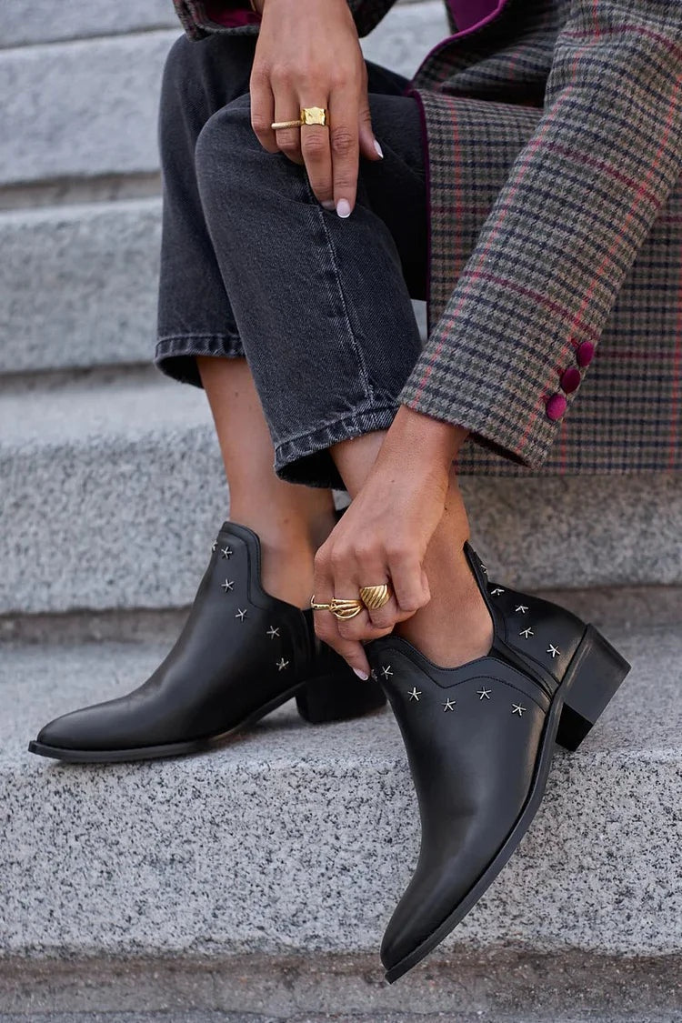 Mencía | Botines Cowboy de Piel Mujer Tacón Bajo Estrellas Metálicas