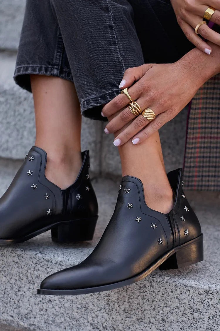 Mencía | Botines Cowboy de Piel Mujer Tacón Bajo Estrellas Metálicas