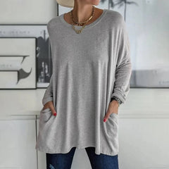 Mencía | Camiseta Oversize de Manga Larga Mujer Bolsillos Cuello Redondo