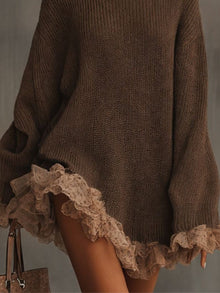 Miriam | Vestido Corto de Punto Manga Larga Mujer Cuello Alto Encaje