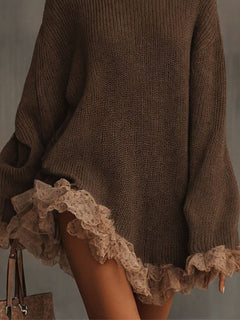 Miriam | Vestido Corto de Punto Manga Larga Mujer Cuello Alto Encaje