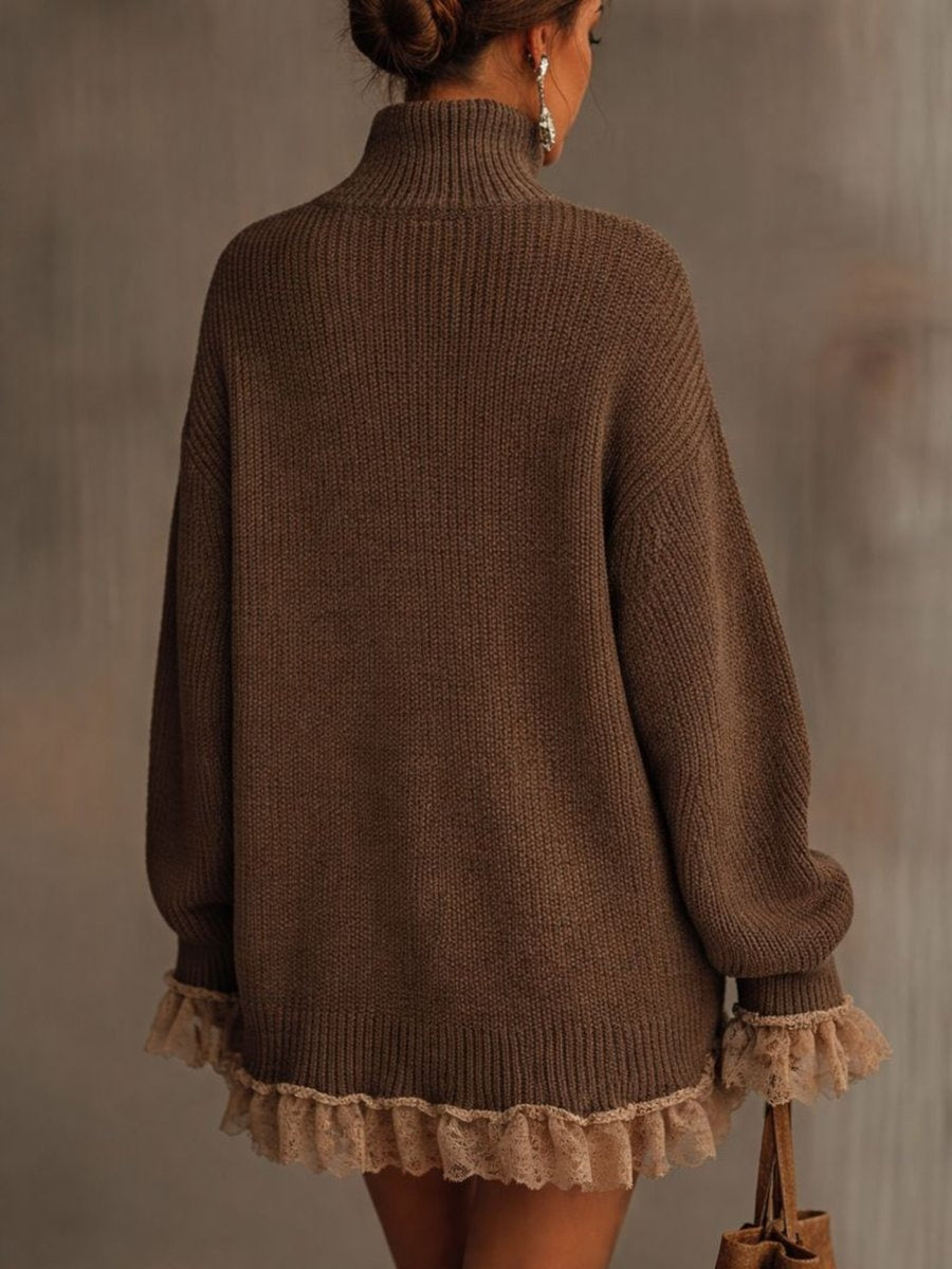 Miriam | Vestido Corto de Punto Manga Larga Mujer Cuello Alto Encaje