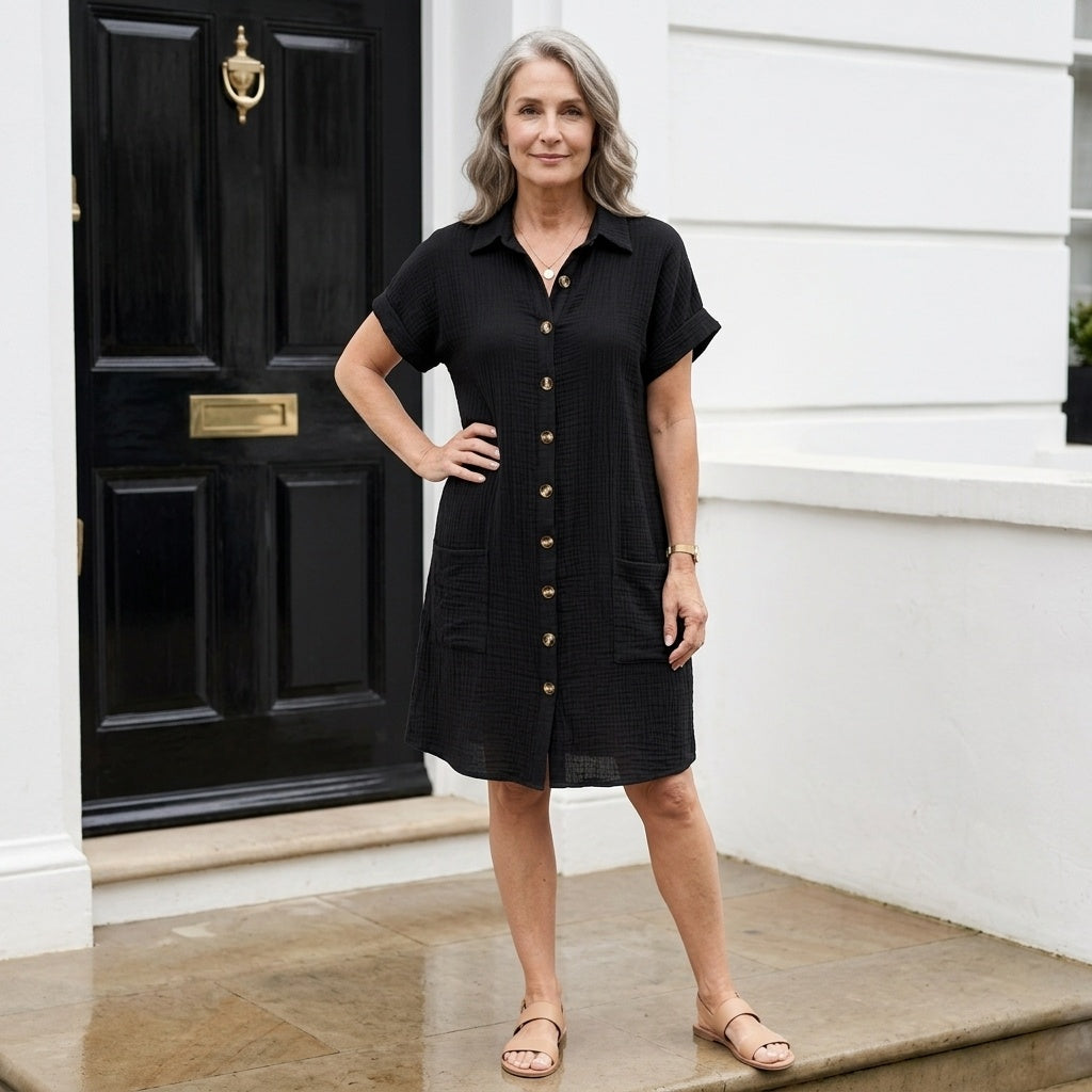 Montserrat | Vestido Camisero Corto Mujer Manga Corta Bolsillos