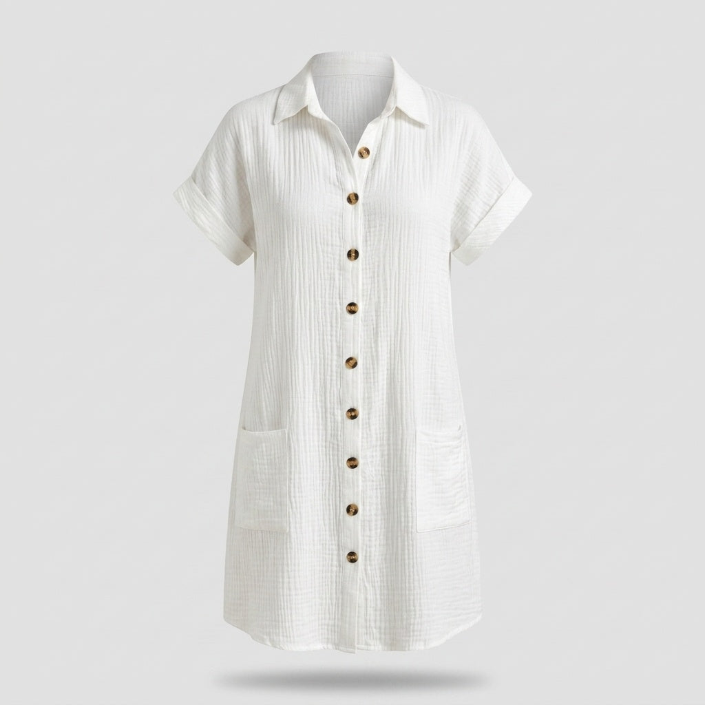 Montserrat | Vestido Camisero Corto Mujer Manga Corta Bolsillos