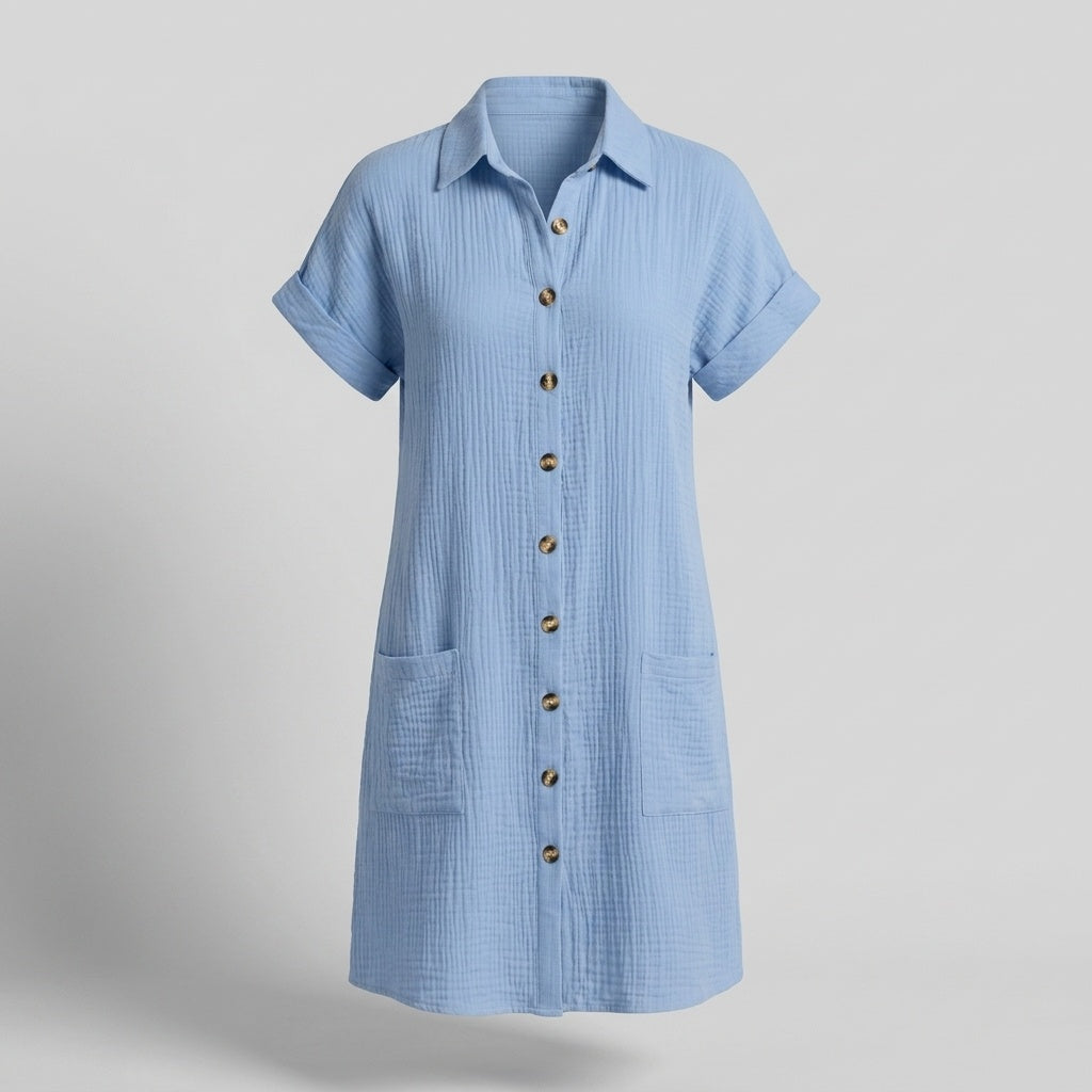 Montserrat | Vestido Camisero Corto Mujer Manga Corta Bolsillos