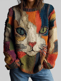 Nerea | Jersey de Punto Estampado Gato Mujer Cuello Redondo