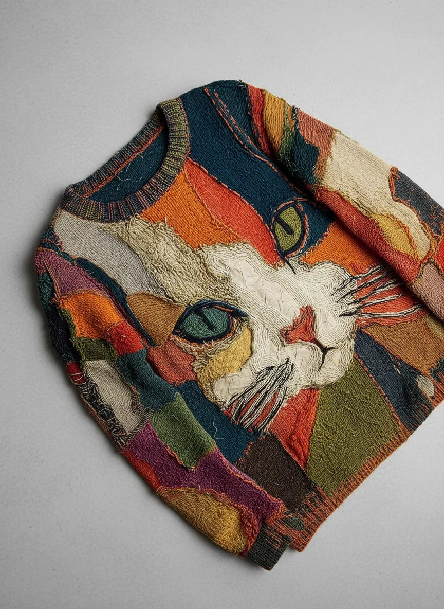 Nerea | Jersey de Punto Estampado Gato Mujer Cuello Redondo