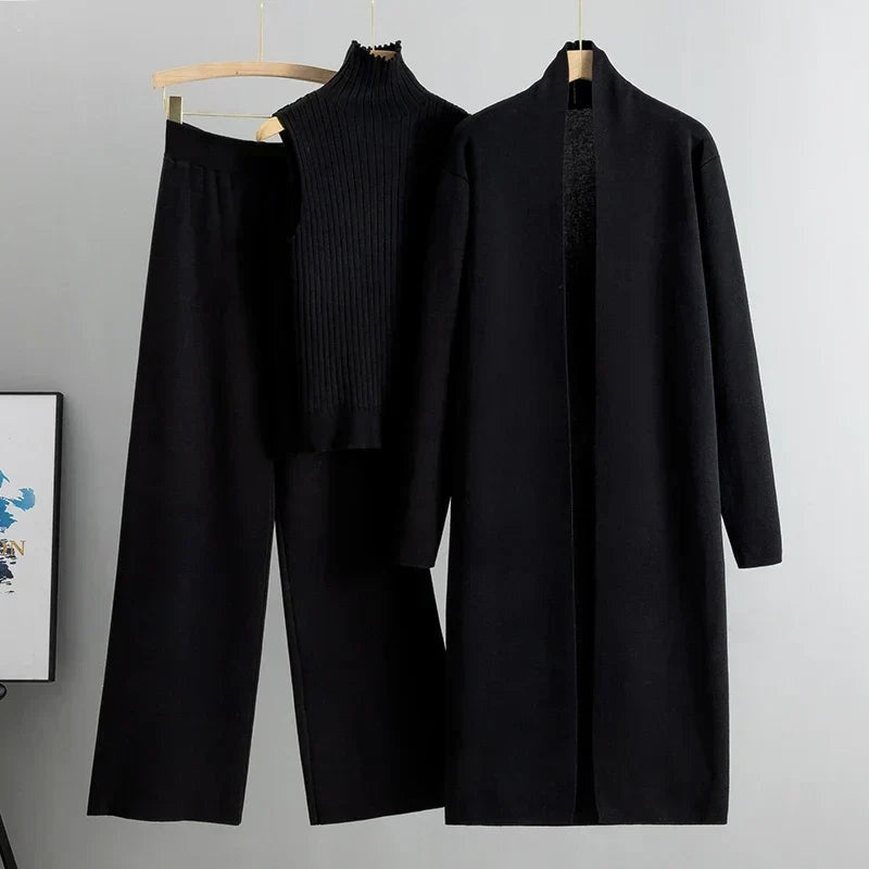 Nuria | Conjunto de Punto Tres Piezas Mujer Cárdigan Largo Pantalón Ancho