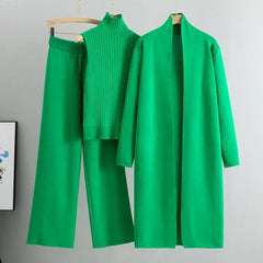 Nuria | Conjunto de Punto Tres Piezas Mujer Cárdigan Largo Pantalón Ancho