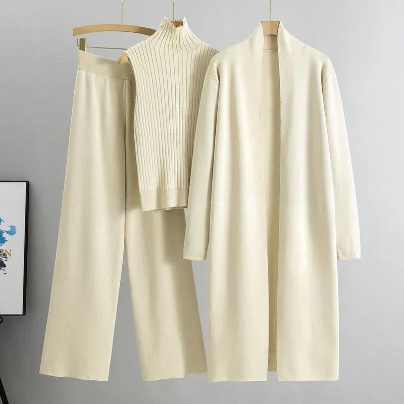 Nuria | Conjunto de Punto Tres Piezas Mujer Cárdigan Largo Pantalón Ancho