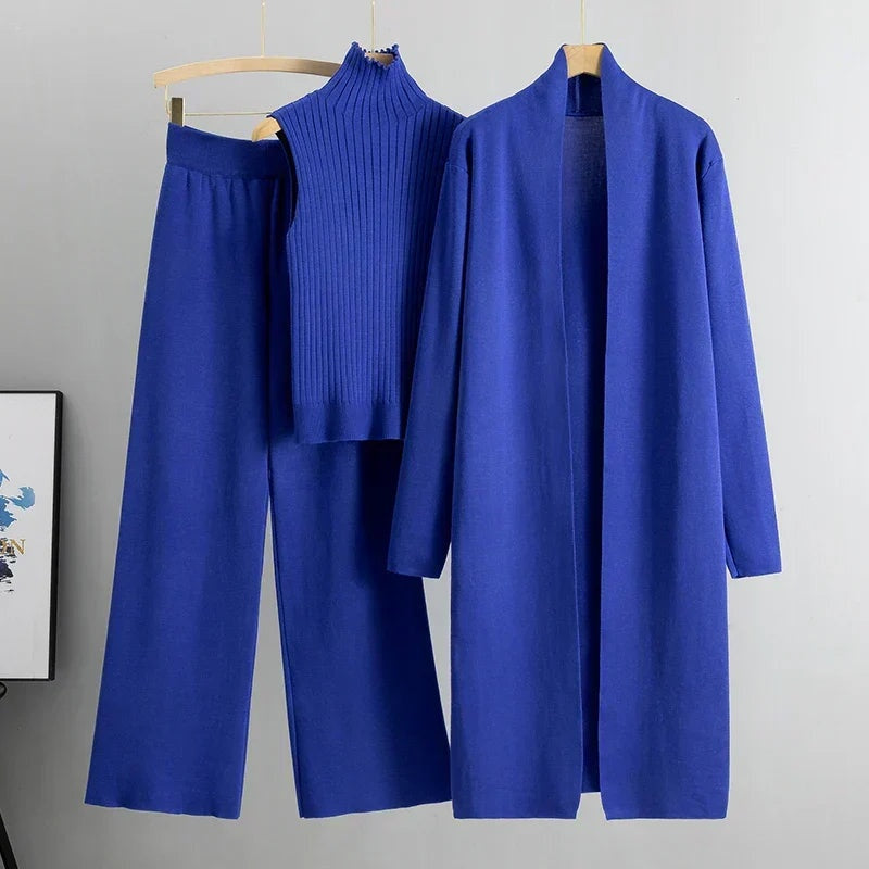 Nuria | Conjunto de Punto Tres Piezas Mujer Cárdigan Largo Pantalón Ancho