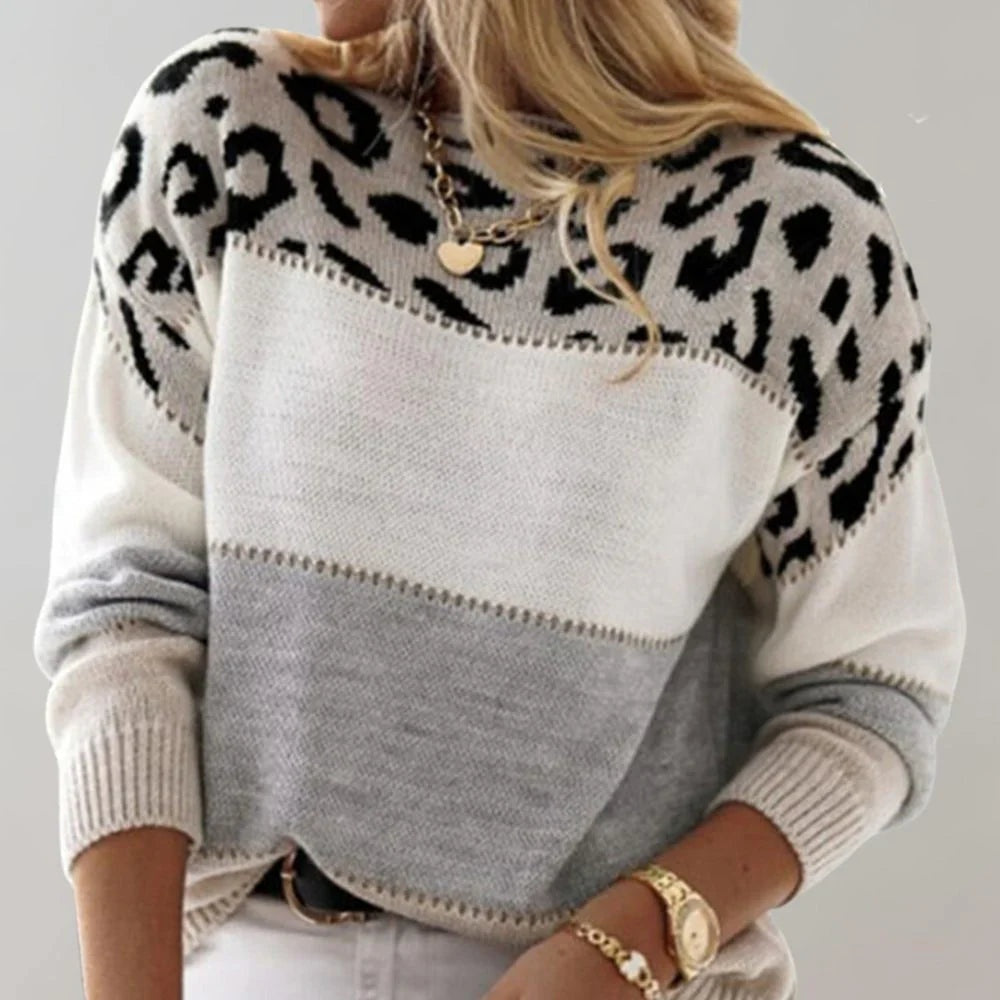 Paloma | Jersey de Punto Estampado Leopardo Mujer Cuello Redondo Manga Larga