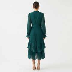 Paloma | Vestido Midi Plisado con Volantes Mujer Cuello Alto