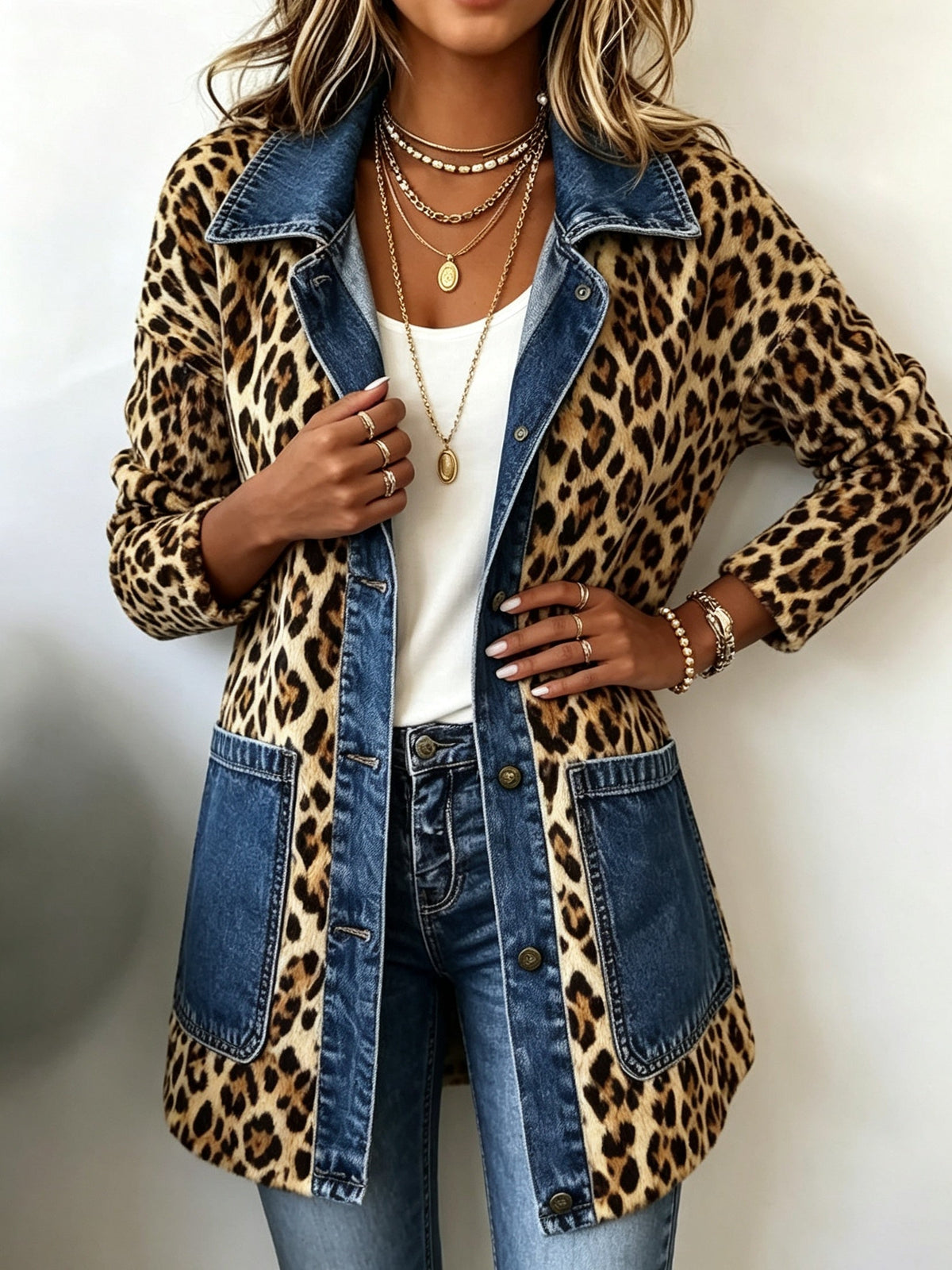 Raquel | Women's Animal Print Denim Jacket with Pockets