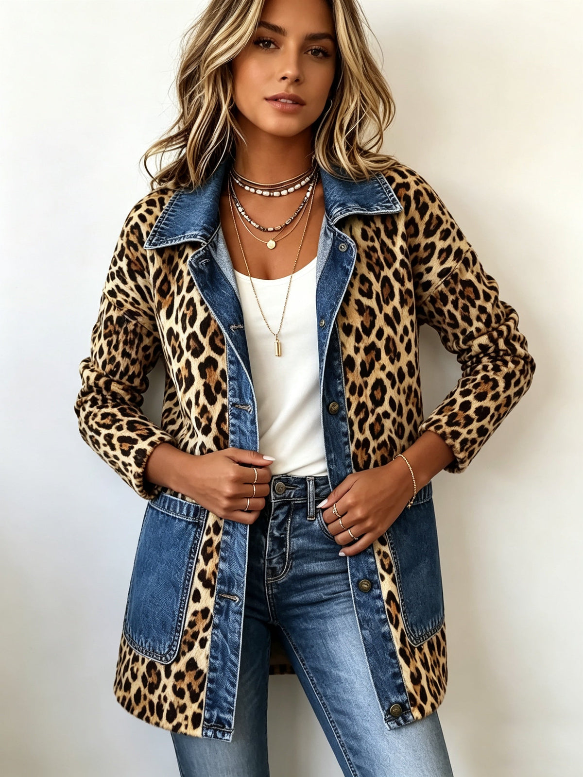 Raquel | Women's Animal Print Denim Jacket with Pockets