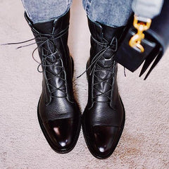 Rebeca | Botines de Piel con Cordones Mujer Planos Caña Media