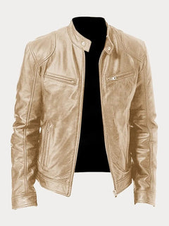 Sonia | Chaqueta de Cuero Biker Mujer Cuello Mao Cremalleras