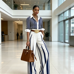 Triana | Conjunto Camisero de Rayas Mujer Pantalón Palazzo Cinturón