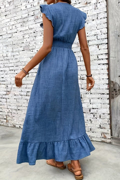 Uxía | Vestido Largo con Volantes Mujer Escote V Cintura Fruncida