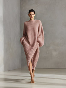 Vestido Midi Asimétrico de Punto de Imitación de Visón Elegante en Crema para Mujer MDA0245I2I