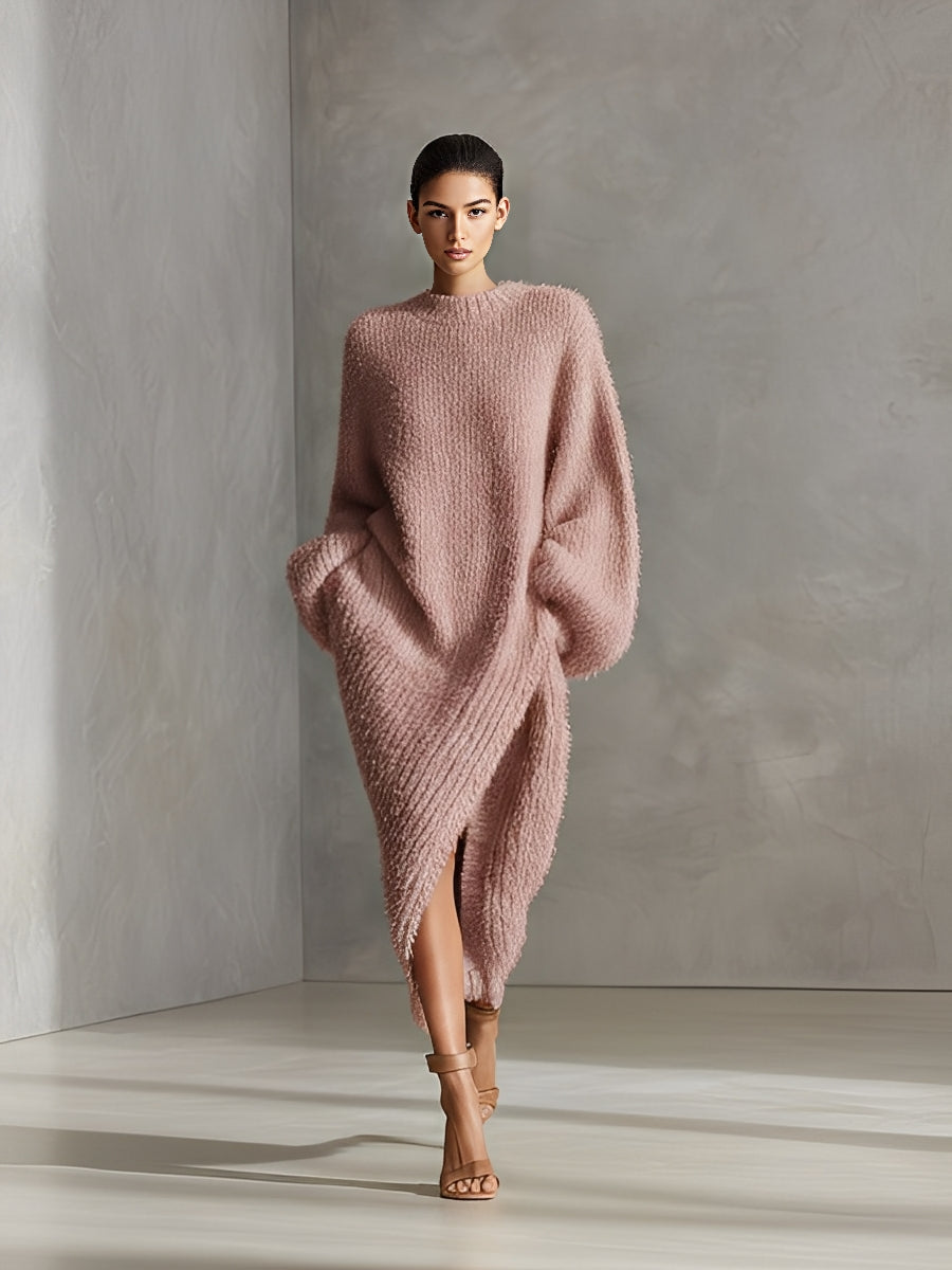 Vestido Midi Asimétrico de Punto de Imitación de Visón Elegante en Crema para Mujer MDA0245I2I